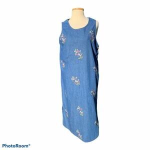 SASSON Floral Denim Dress L Embroidered Maxi Vintage 90s Teacher Grandma